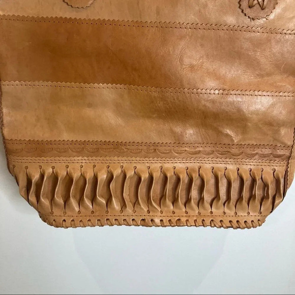 TOTE BAG LEATHER Bag  with Ruched Detail and Tooled Tan - Picture 2 of 6